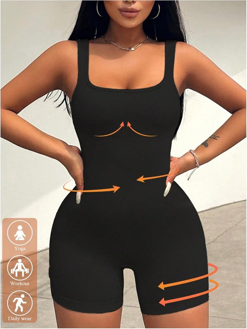 WDIRARA Women's Workout Romper Gym Yoga Unitard Square Neck One Piece Shorts Jumpsuit - Image 5
